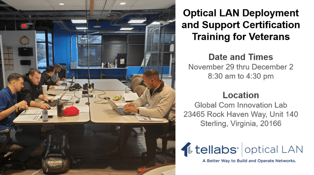 Optical LAN Certification Training for Veterans on Nov 29 thru Dec 2 in Sterling Virginia