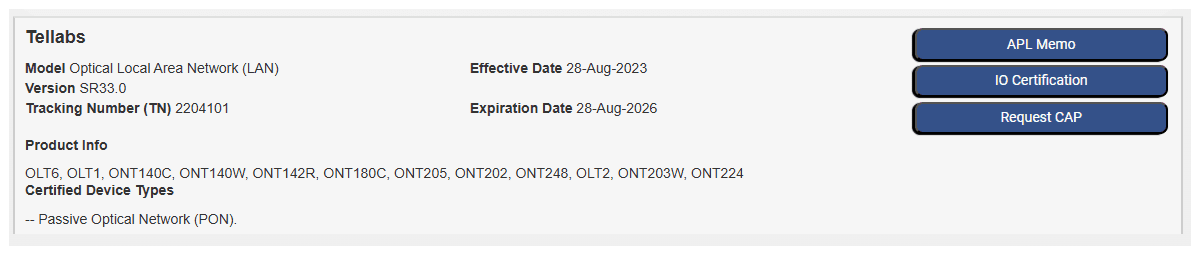 JITC Tellabs Updated Certifications - image
