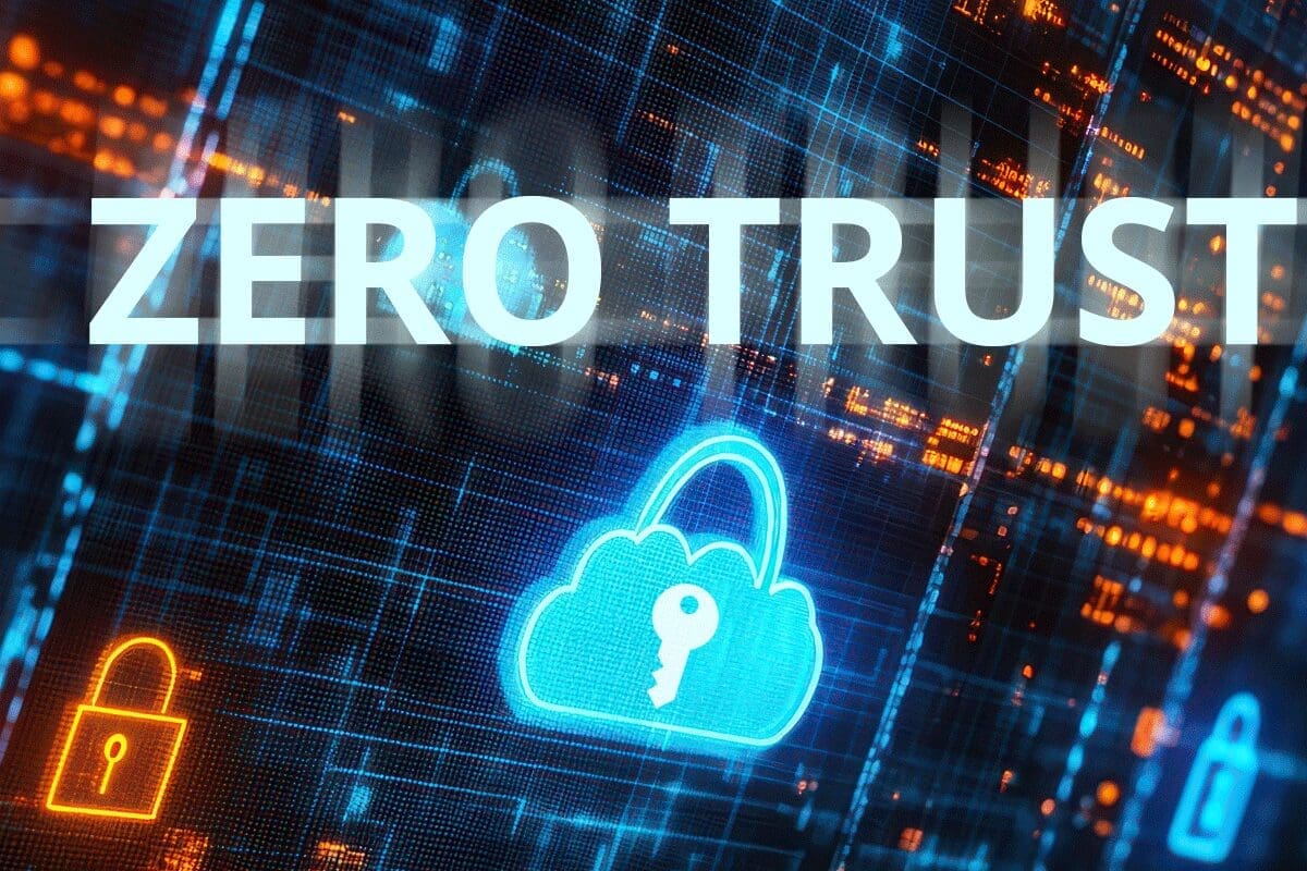 Stylized graphic of a security cloud featuring a lock and key, with the phrase ‘Zero Trust.