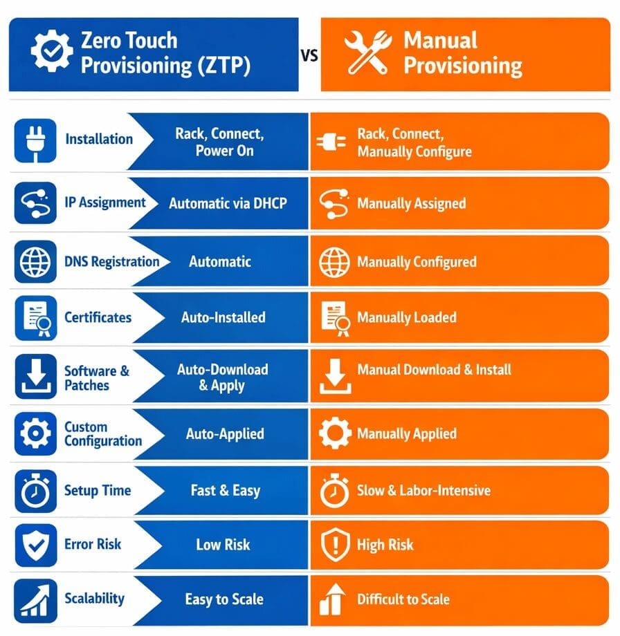A chart showing the difference between Zero Touch Provisioning and Manual Provisioning.