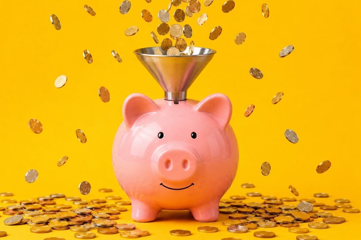 An image of a piggy bank getting stuffed with savings - Optical LAN saves organizations money.